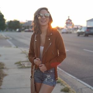 Brown faux suede moto jacket